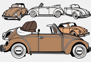 VW beetle convertible, side profile, top-down, modern, linework, minimal, no shadow or solid shading, brown linework tattoo idea