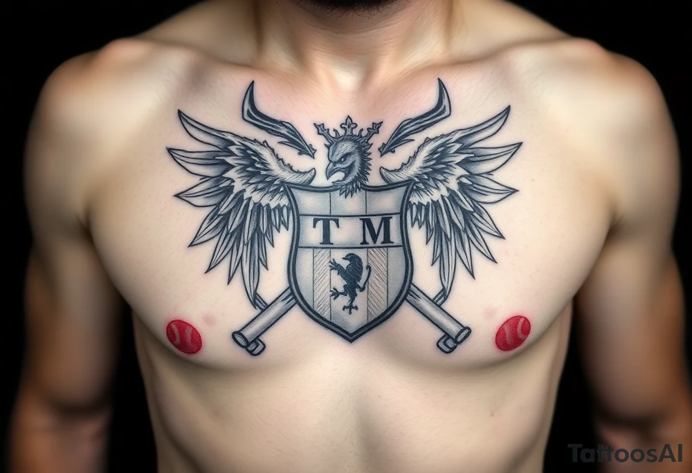 Family crest from Ireland with the The Toledo Mudhens Baseball Team, a very dark  And Demonic And Midevel Featurs Made Into a full chest tattoo with Smith last name heritage and meaning tattoo idea