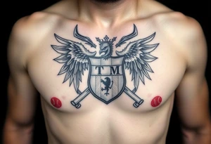 Family crest from Ireland with the The Toledo Mudhens Baseball Team, a very dark  And Demonic And Midevel Featurs Made Into a full chest tattoo with Smith last name heritage and meaning tattoo idea