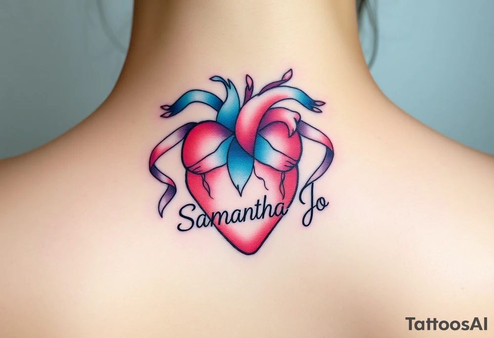 anatomical heart with flowing ribbons with the name Samantha Jo tattoo idea