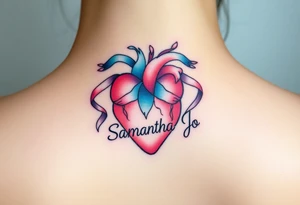 anatomical heart with flowing ribbons with the name Samantha Jo tattoo idea