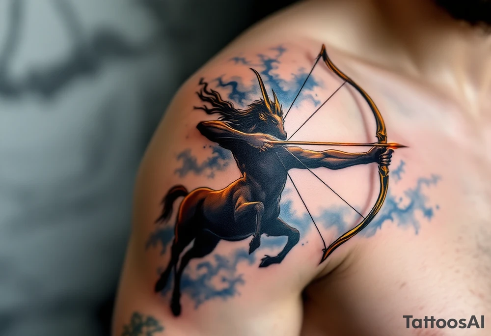 A dynamic tattoo of a centaur, the symbol of Sagittarius, with a golden bow pulled taut, ready to shoot. The centaur’s body is shaded in deep brown tones, and the arrowhead has a bright red-orange glow. The background has an ethereal blue mist that radiates outward, symbolizing Sagittarius’ free-spirited nature. tattoo idea