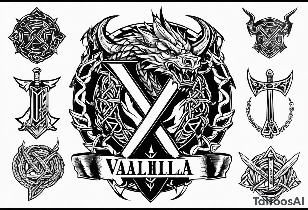 Valhalla sword shield dragon axe Valknut barbed wire chains fire tattoo idea Valhalla sword shield dragon axe Valknut barbed wire chains fire tattoo idea