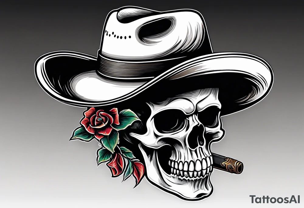 Skull wearing a cowboy hat smoking a cigar tattoo idea