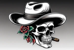 Skull wearing a cowboy hat smoking a cigar tattoo idea