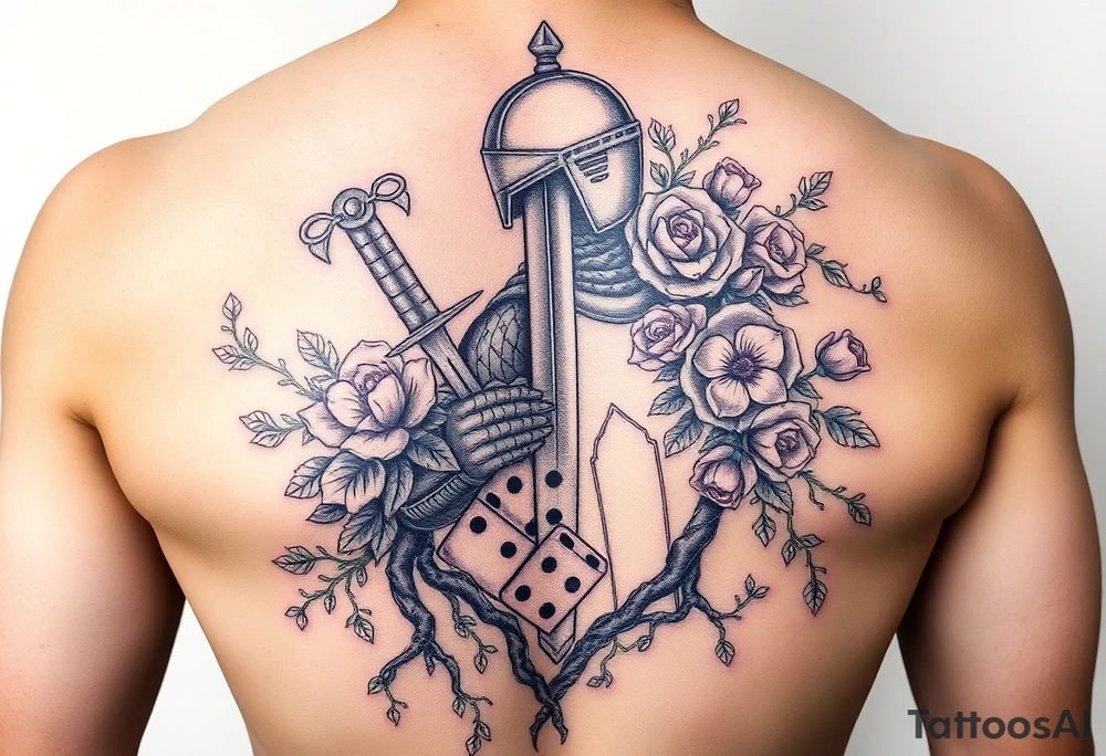 knight with sword and squid intertwined with climbing roses and tree roots with cherry blossoms rolling dice tattoo idea