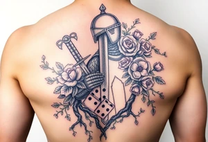 knight with sword and squid intertwined with climbing roses and tree roots with cherry blossoms rolling dice tattoo idea