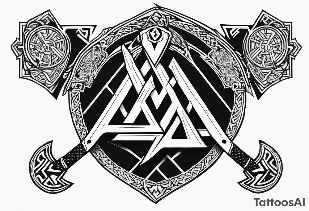 Valhalla sword shield axe Valknut fog tattoo idea