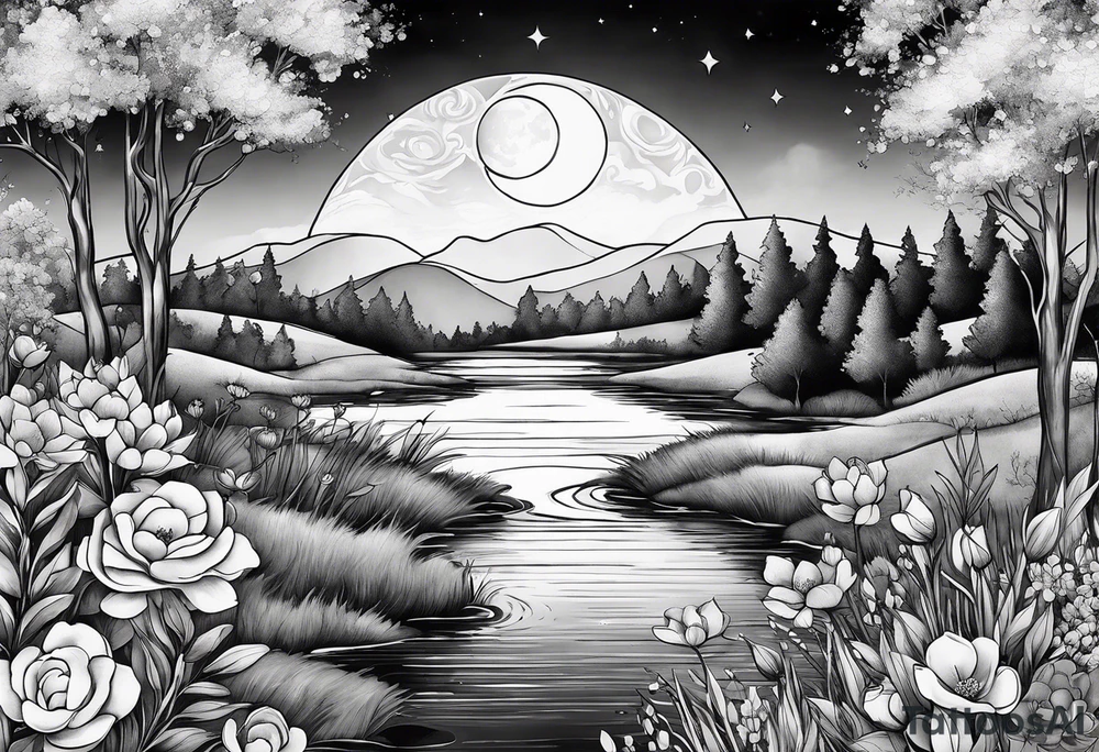 Secret, hidden garden, flowers, lake , moon tattoo idea