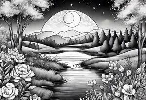 Secret, hidden garden, flowers, lake , moon tattoo idea