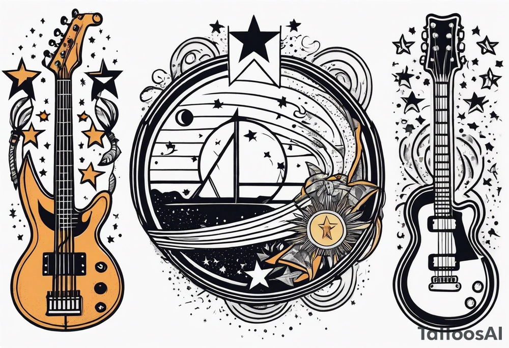 Collage for full left arm sleeve with:
a sun with a quarter moon,
2 stars,
bass guitar,
caduceus symbol tattoo idea