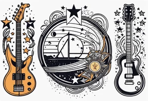 Collage for full left arm sleeve with:
a sun with a quarter moon, 
2 stars,
bass guitar, 
caduceus symbol tattoo idea