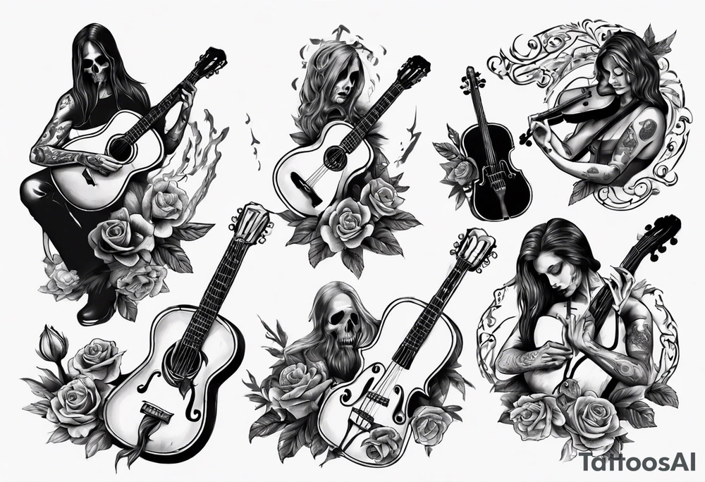 DEATH OF AN ACOUSTIC GUITAR AND VIOLIN PLAYER tattoo idea