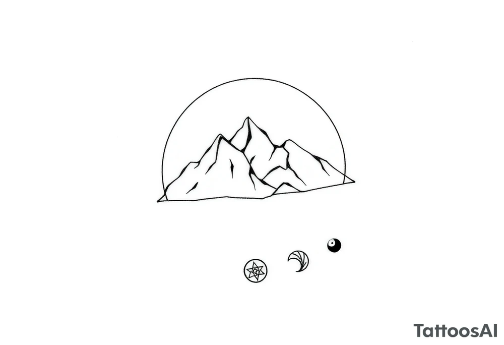 Ik zou graag een fine line tattoo willen ontwikkelen. een Minimalistisch ontwerp waarbij de 'mountains with two kids' een familievoorstelling zijn. ik wil daar graag een cirkel omheen plaatsen (van oneindig bij elkaar zijn). Onder dit geheel wil ik graag 4 kleine betekenisvolle doch kleine symbolen (ook minimalistisch, met bewustzijn (lotusbloem), persoonlijke groei (boom), dankbaarheid (soort spiraal), en balans (ying - yang). Dat geheel wil ik op mijn onderarm en mijn vriendin op haar pols. Kun je mij helpen? tattoo idea