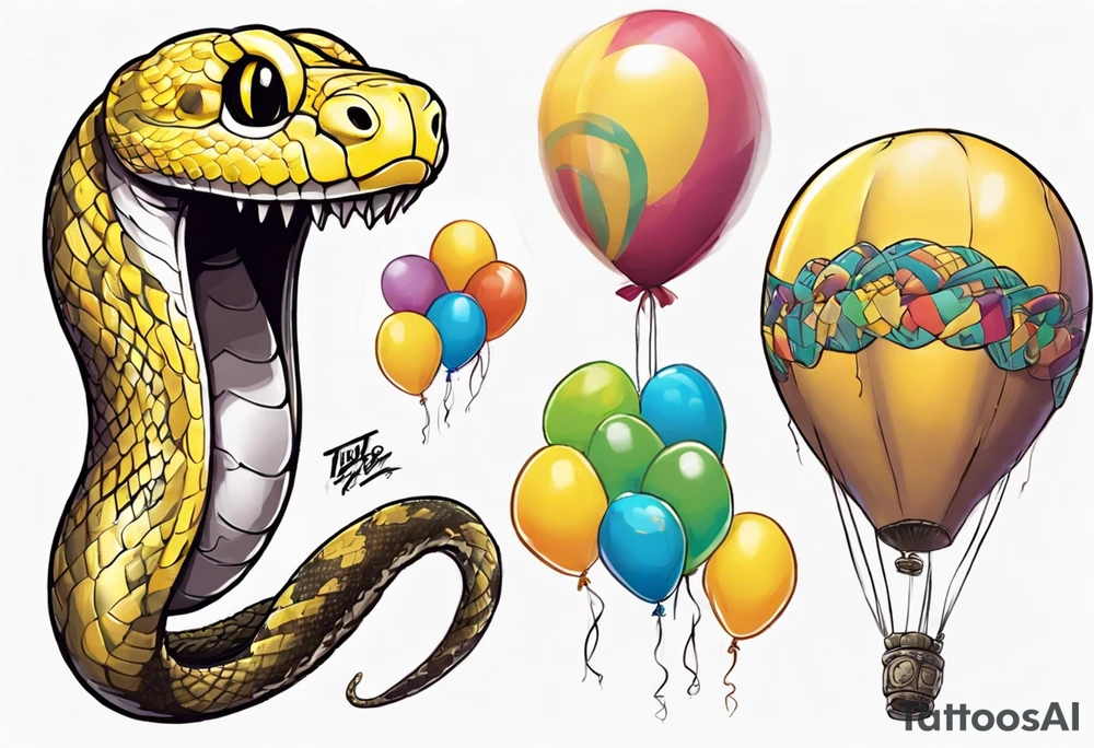 yellow python with colored ballons from movie up! aside and te-fiti stone on the other side tattoo idea