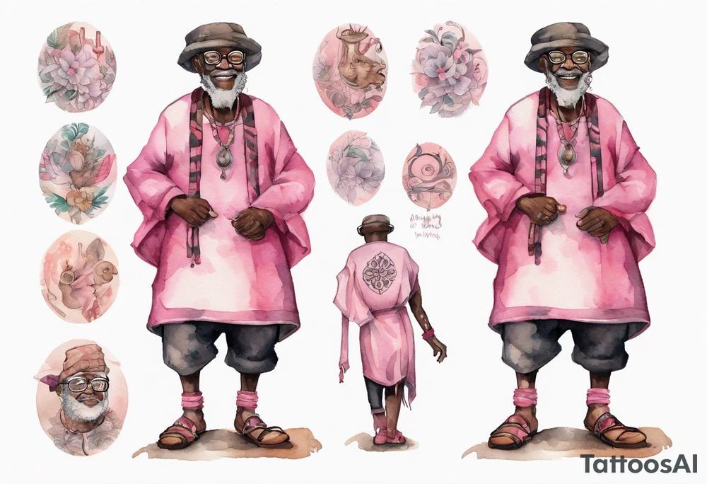 an old medieval black man wearing round glasses, wearing a pink and black tunic, wearing mukluks tattoo idea