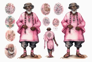 an old medieval black man wearing round glasses, wearing a pink and black tunic, wearing mukluks tattoo idea