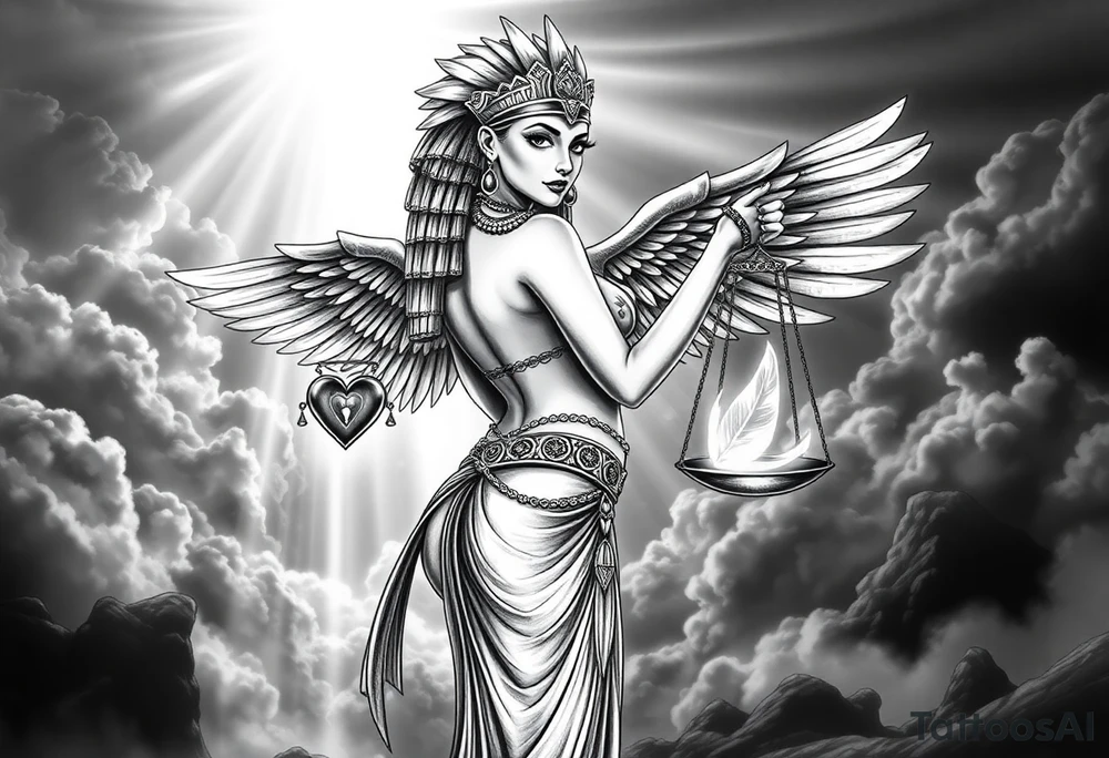 A sensual, curvaceous Egyptian goddess stands with her back slightly turned, accentuating her figure. She wears an elaborate ostrich feather headdress and ornate, intricate ancient Egyptian jewelry draped across her body. Her expression is mysterious and confident. Large, ethereal wings extend from her back, glowing softly.
In one hand, she holds the Scales of Justice: one side holds a radiant, glowing heart; the other, Ma’at’s feather, both pulsing with mystical energy. The scales themselves shimmer with an otherworldly light.
The background is a surreal, heavenly landscape filled with luminous clouds and beams of divine light piercing through, creating dramatic contrasts of deep shadows and highlights. The entire scene is bathed in an ethereal, mystical glow, with a dreamlike, almost supernatural atmosphere. tattoo idea