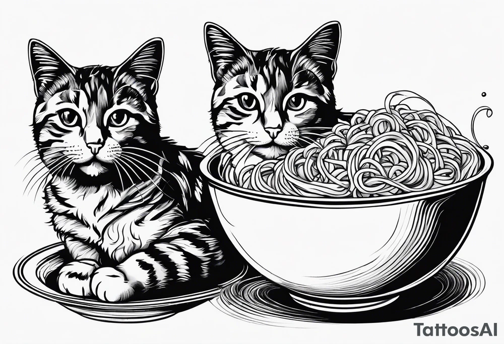 Two tabby cats peaking over the edge of a noodle bowl with noodles pouring out the side tattoo idea