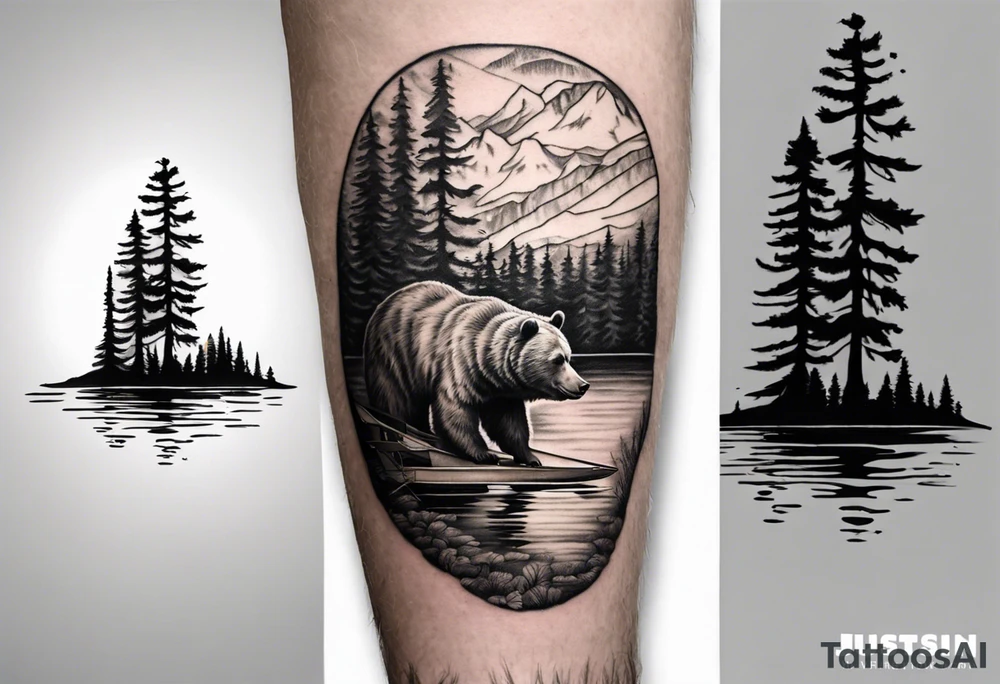 bear head right above the forest line with a lake below with a small fisher boat floating on it, full sleeve tattoo tattoo idea