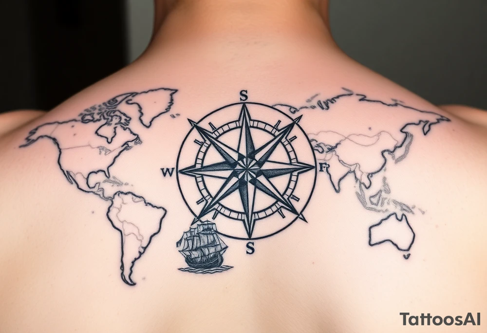 antique compass rose overlaid on weathered world map with sailing ships tattoo idea