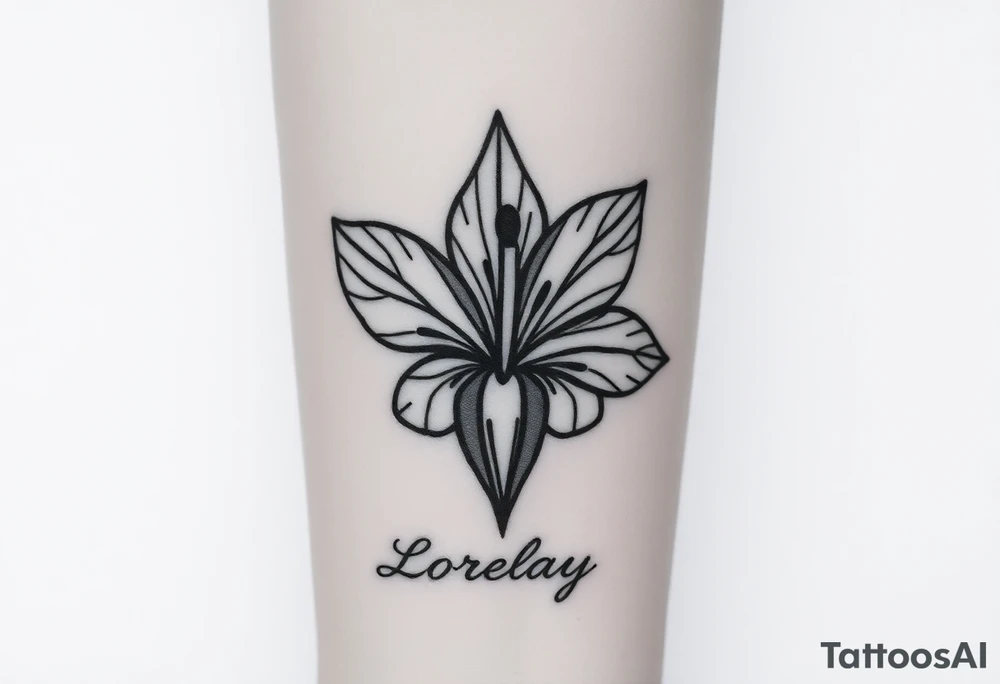 Crea un diseño significativo sobre la flor de bayahibe egipcia y que tenga el nombre escrito por de bajo del diseño el nombre de mi hermana Lorelay para la parte baja del bíceps tattoo idea