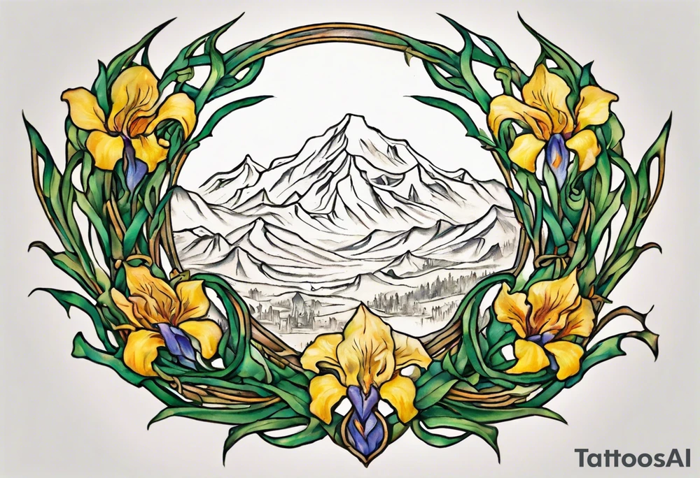 Create a small, colorful Vincent van Gogh Irises tattoo in the form of a crescent, with vines in Celtic knot style gracefully intertwining at a central point in the middle of the wreath. The intended placement is on the upper chest. The middle needs mountains. The overall design should be small in size while maintaining a delicate and artistic aesthetic. Pay attention to the graceful flow of the vines and the placement of the irises to achieve a refined and elegant look. tattoo idea