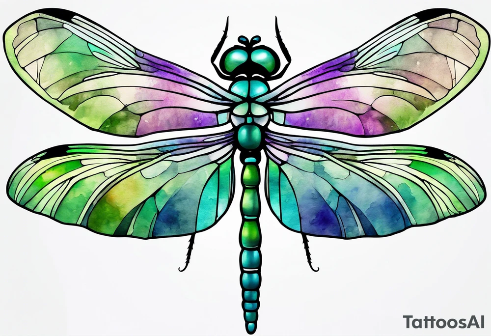 Purple green blue dragonfly, watercolors, minimalistic tattoo idea