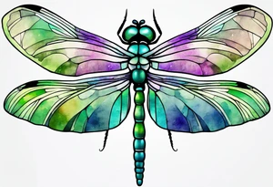 Purple green blue dragonfly, watercolors, minimalistic tattoo idea