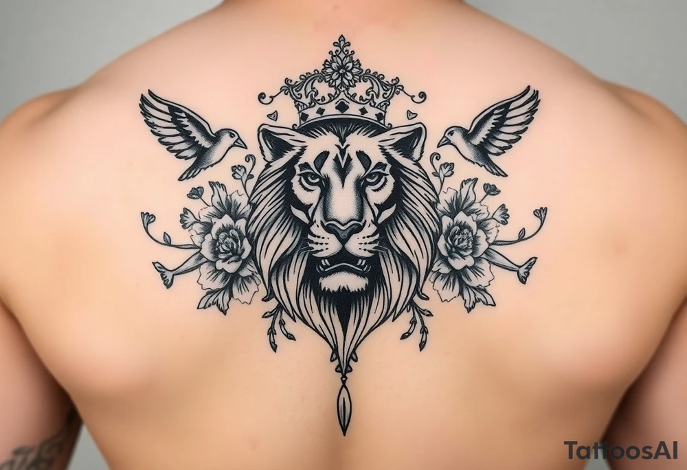 powerful majestic lion with a crown, surrounded by floral ornaments and birds tattoo idea