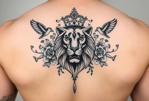 powerful majestic lion with a crown, surrounded by floral ornaments and birds tattoo idea
