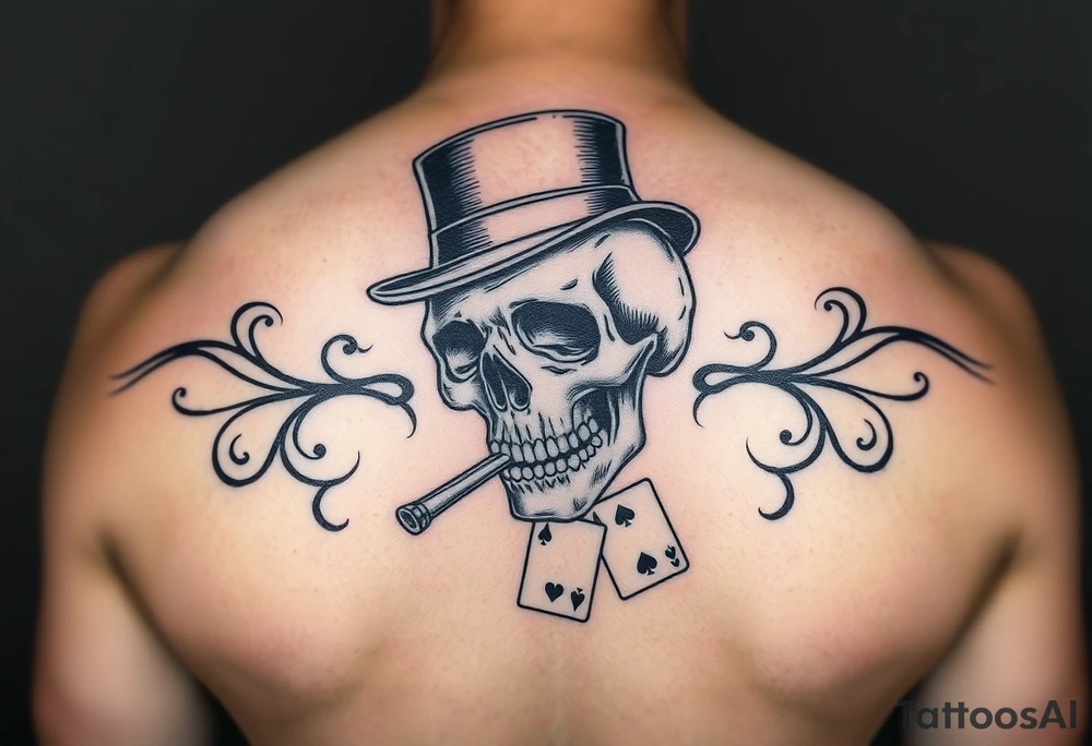 skull with top-hat and cigar in his mouth, playing cards. tattoo idea