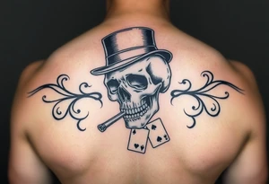 skull with top-hat and cigar in his mouth, playing cards. tattoo idea