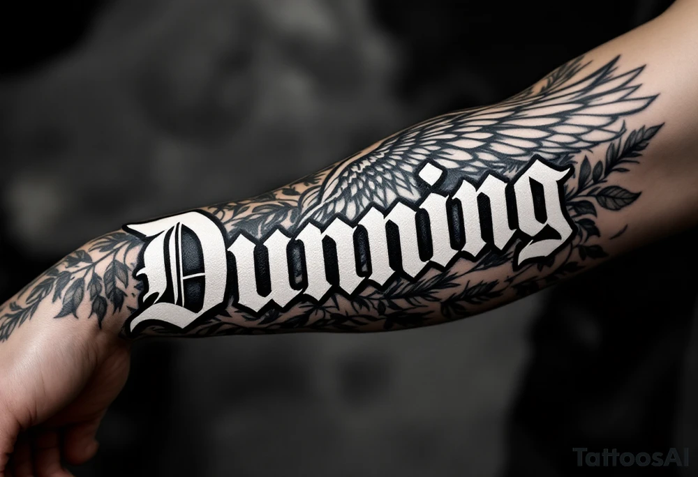 Dunning, left forearm details include angel wing, greek type of font,jungle leaves, name is big and in white color tattoo idea