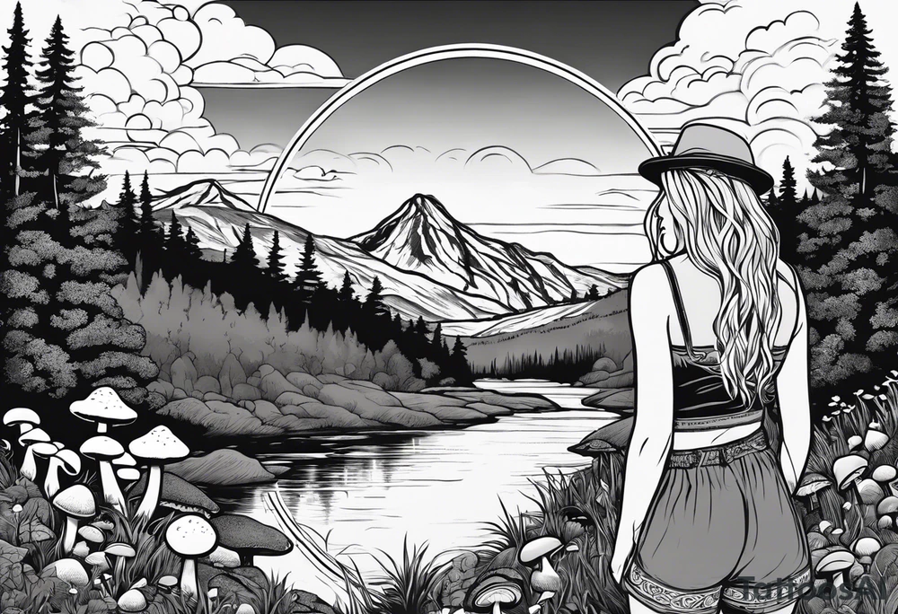 Whole picture encircled fully

Straight long blonde hair hippie girl in distance holding mushrooms in hand facing away toward mountains and creek surrounded by mushrooms long sleeve shirt and hiking pants; whole rendering within a full celtic circle, no cut off circle tattoo idea