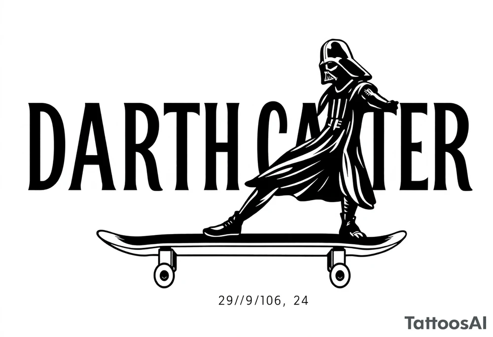 Skateboarding TALL Darth Vader
WORDS in star wars font "Darth Carter"
12/29/88-01/06/24 tattoo idea