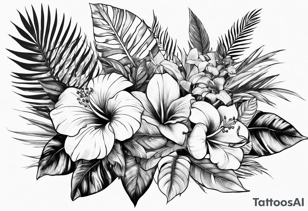 Tropical floral leaves tattoo idea