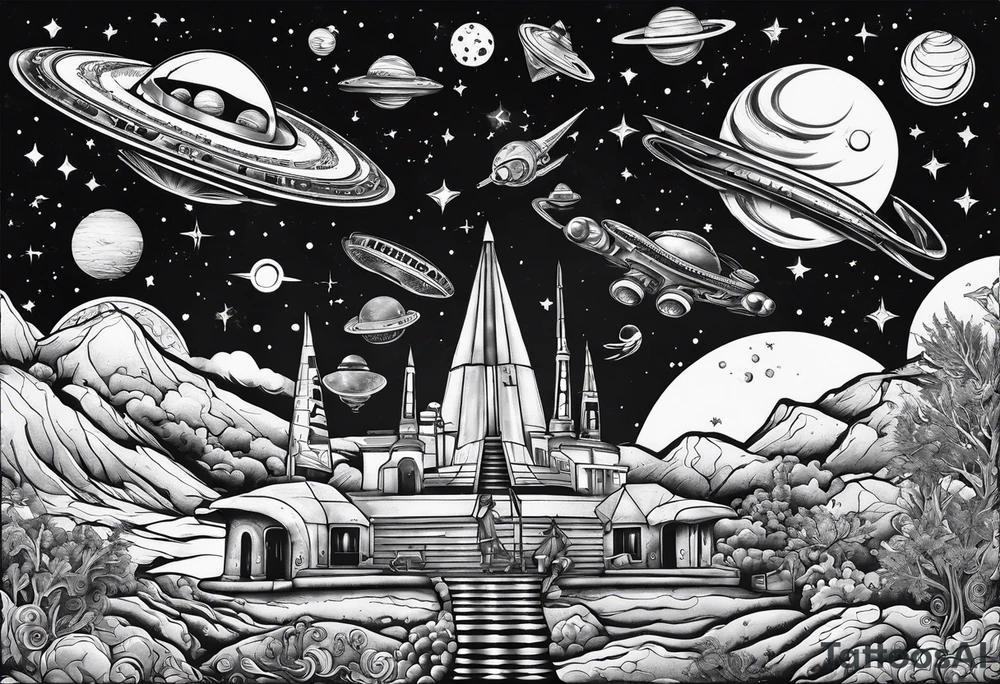 space themed arm sleeve with aliens ufos airplanes and rockets tattoo idea