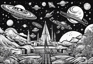 space themed arm sleeve with aliens ufos airplanes and rockets tattoo idea