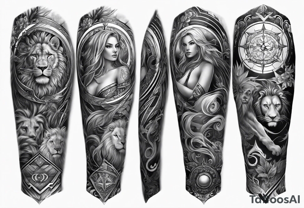 tattoo full sleeve that includes astrologic signs of  cancer, aquarius, lion and sagittarius tattoo idea