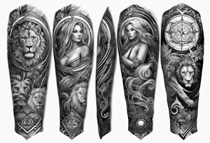 tattoo full sleeve that includes astrologic signs of  cancer, aquarius, lion and sagittarius tattoo idea