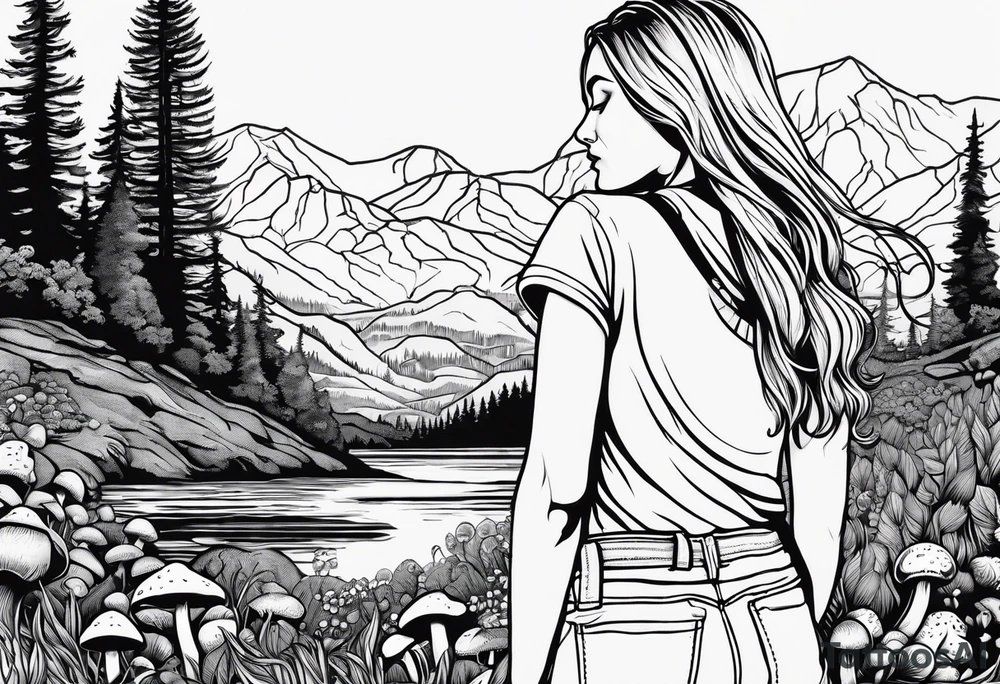 Straight long blonde hair hippie girl in distance holding mushrooms in hand facing away toward mountains and creek surrounded by mushrooms tee shirt hiking pants

Circular picture tattoo idea