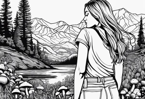 Straight long blonde hair hippie girl in distance holding mushrooms in hand facing away toward mountains and creek surrounded by mushrooms tee shirt hiking pants

Circular picture tattoo idea