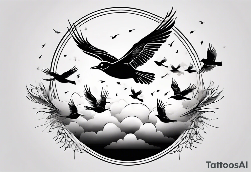 shoulder tattoo with light rays with birds flying free among the clouds, round shape, with gradient ends tattoo idea