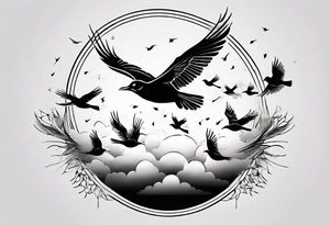 shoulder tattoo with light rays with birds flying free among the clouds, round shape, with gradient ends tattoo idea