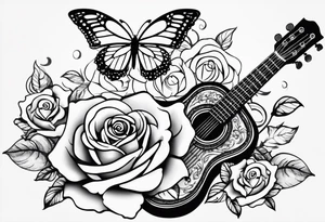 Acoustic guitar treble clef, roses and butterflies on the right side only tattoo idea