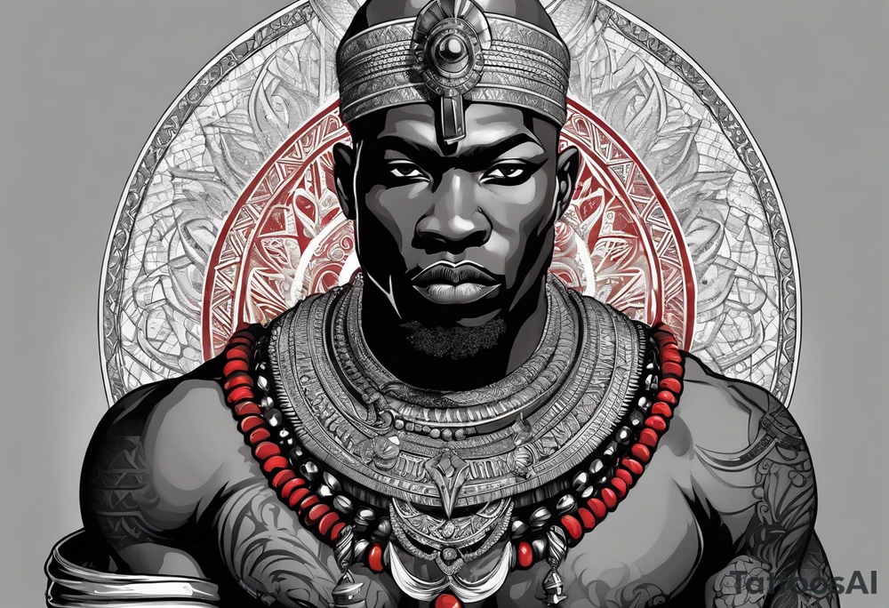 Black-skinned bald african warrior. He is a god of the war. Wears a simple red necklace and a silver crown tattoo idea