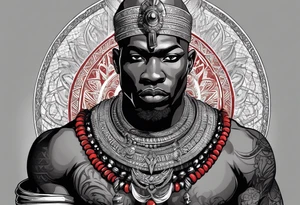 Black-skinned bald african warrior. He is a god of the war. Wears a simple red necklace and a silver crown tattoo idea