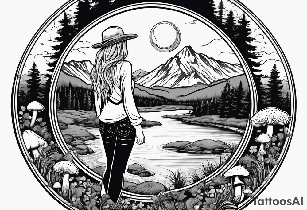 Whole picture encircled fully

Straight long blonde hair hippie girl in distance holding mushrooms in hand facing away toward mountains and creek surrounded by mushrooms long sleeve shirt and hiking pants; whole rendering within a full circle, no cut off circle tattoo idea