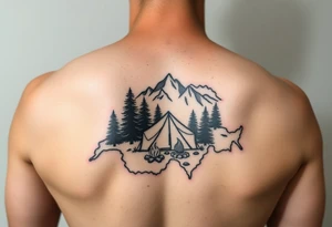 Simplistic, black and white tattoo. A little camping tent, with a fire, in the woods, surrounded by alps and a couple pine trees. The tattoo must be inside the contour of the Switzerland map tattoo idea